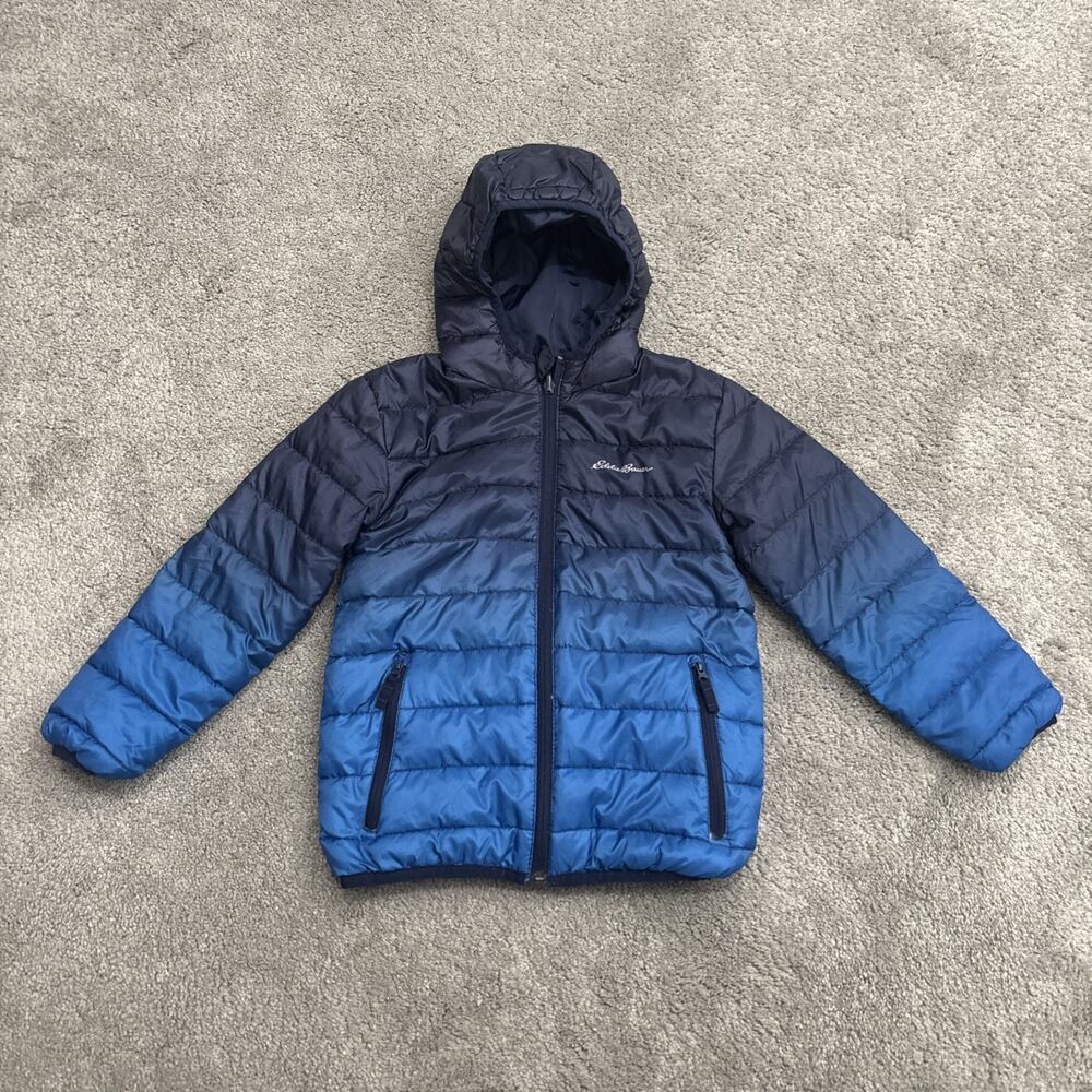 Eddie Bauer Jacket Boys Blue Puffer Full Zip Hooded Size XS 5/6 Down